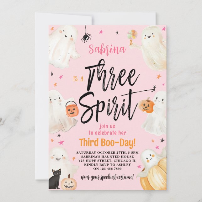 Invitación Tres Fiestas de cumpleaños de Spirit Pink Hallowee (Anverso)