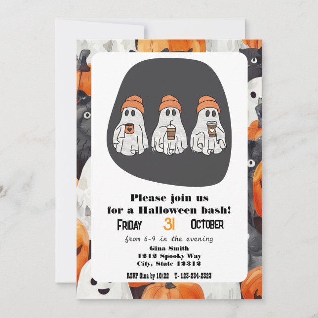 Invitación Tres Fiestas de Fantasma Halloween Bash (Anverso)