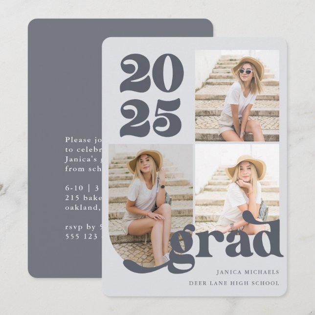 Invitación Tres fiestas de graduación azul tipo retro fotográ (Anverso / Reverso)