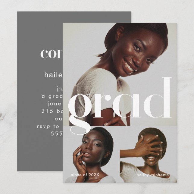 Invitación Tres fiestas de graduación gris Collage de fotos (Anverso / Reverso)