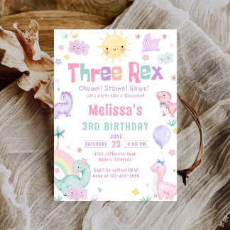 Invitación Tres Fiestas Rex Pastel Dinosaur 3er Cumpleaños