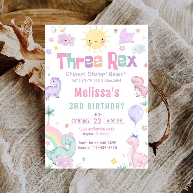 Invitación Tres Fiestas Rex Pastel Dinosaur 3er Cumpleaños (Subido por el creador)