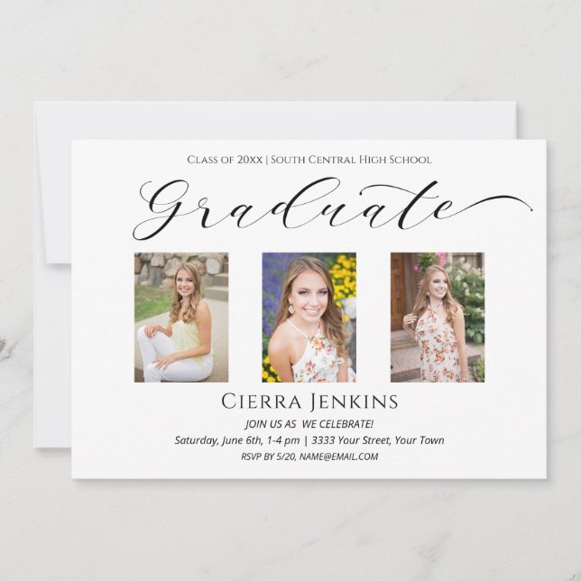 Invitación Tres Fotografías Del Partido De Graduación Blanca  (Anverso)
