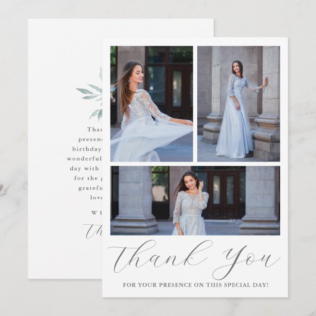 Invitación Tres fotografías Quinceanera Floral Azul (Anverso / Reverso)