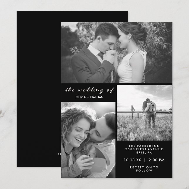 Invitación Tres fotos | Boda blanco y negro (Anverso / Reverso)