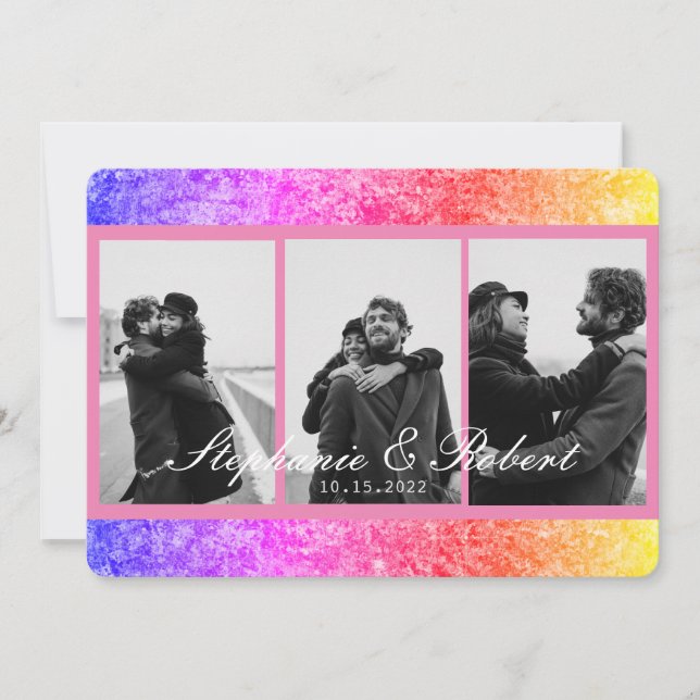 Invitación Tres fotos Boda de resumen rosa de Unicorn (Anverso)