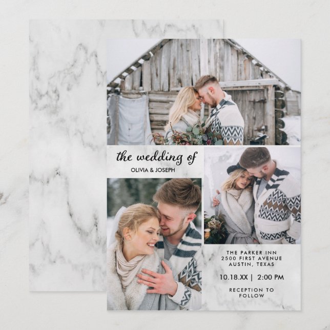 Invitación Tres fotos de elegancia en mármol| Boda (Anverso / Reverso)