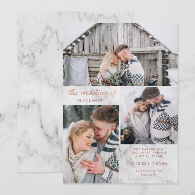 Invitación Tres fotos de mármol y oro Rosa | Boda (Anverso / Reverso)