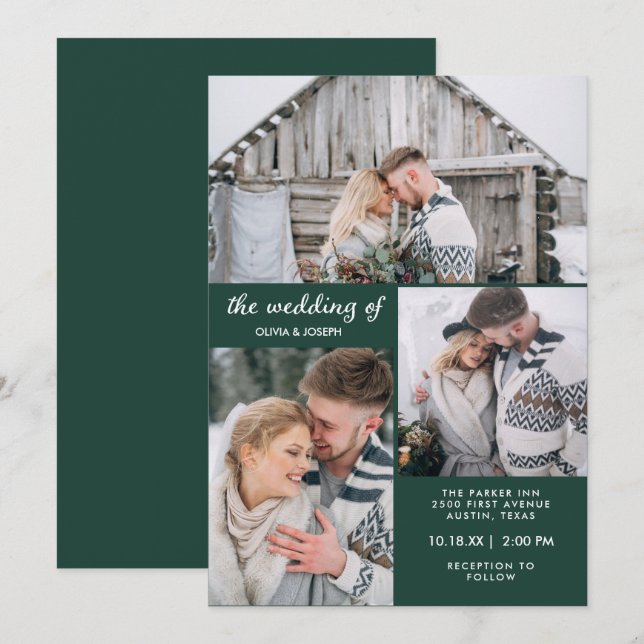 Invitación Tres fotos del verde esmeralda | BODA (Anverso / Reverso)
