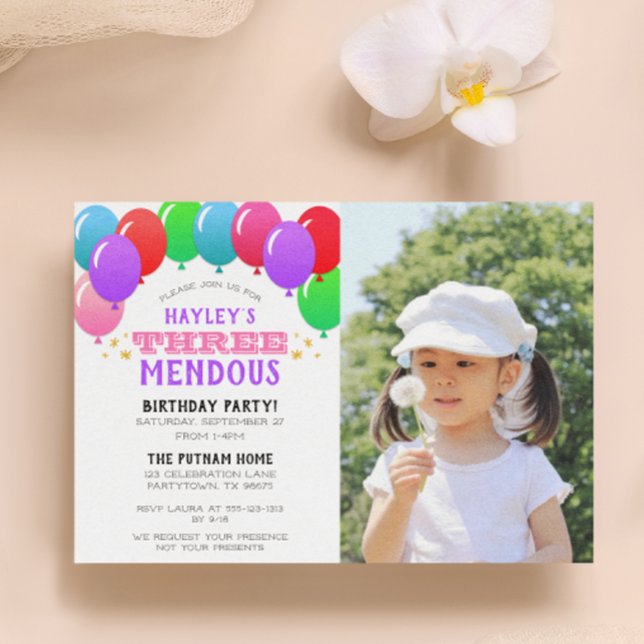 Invitación TRES Fotos rosas de globo de tercer cumpleaños (Subido por el creador)