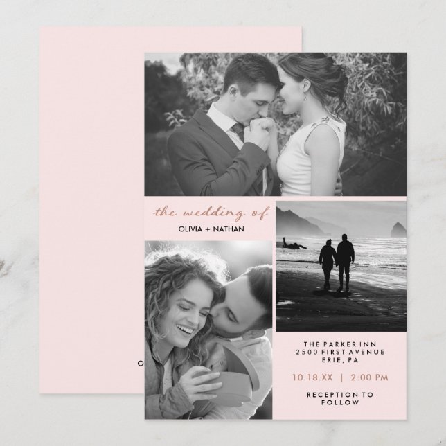 Invitación Tres fotos| Rubor y Faux Rosa Gold Boda (Anverso / Reverso)
