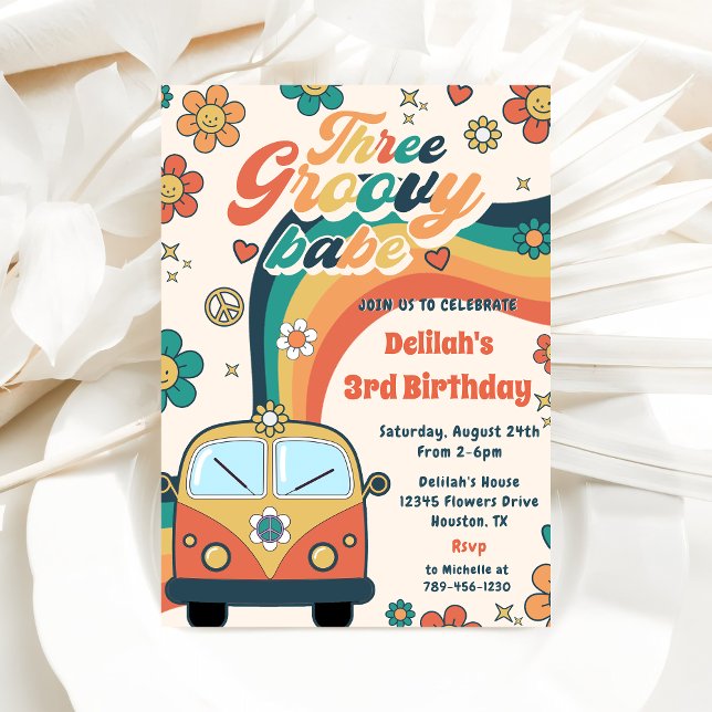 Invitación Tres Groovy Babe Retro Floral 3er Fiesta de cumple (Subido por el creador)