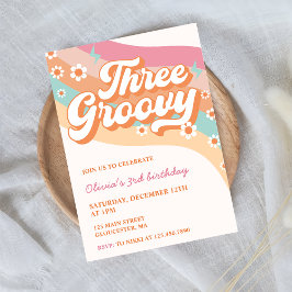 Invitación Tres Groovy Retro Daisy tercer Fiesta de cumpleaño