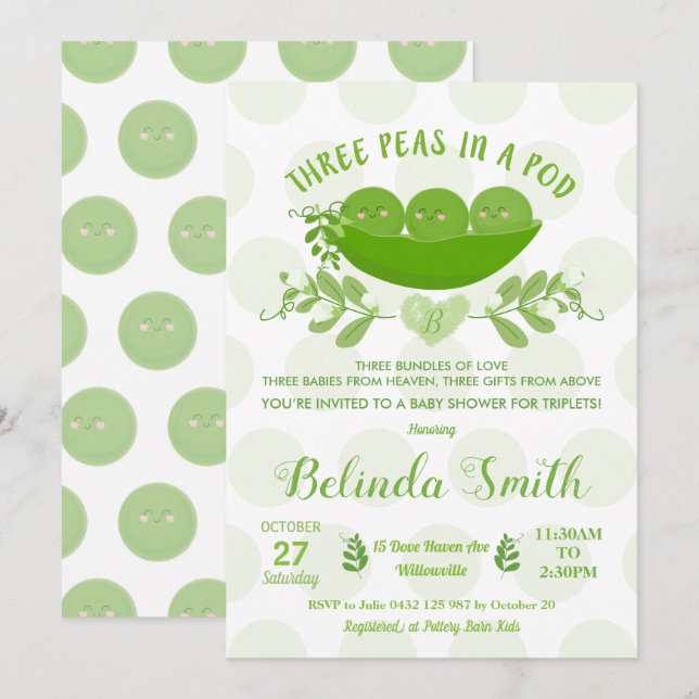 Invitación Tres guisantes en un bacalao trillizan Baby Shower (Anverso / Reverso)