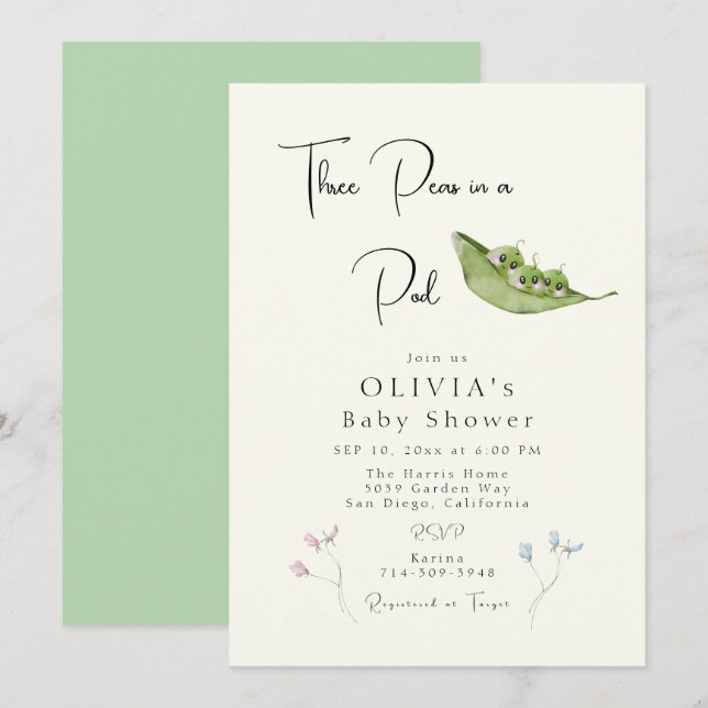Invitación Tres guisos en un Baby Shower de Pod (Anverso / Reverso)