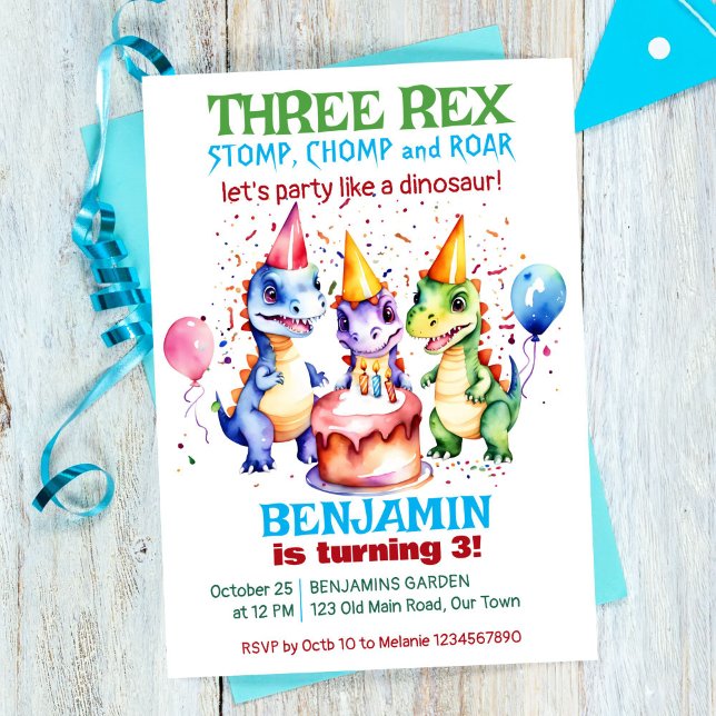 Invitación Tres honestos dinosaurios de la fiesta de cumpleañ (Three rex cute dinosaurs in party hats birthday party template invitation instant digital download )