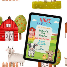 Invitación Tres I-E-I-O, Cumpleaños 3 de lindo animal de gran