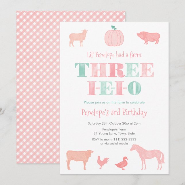 Invitación TRES-IEIO Calabaza Rosada Tercer Fiesta de Cumplea (Anverso / Reverso)