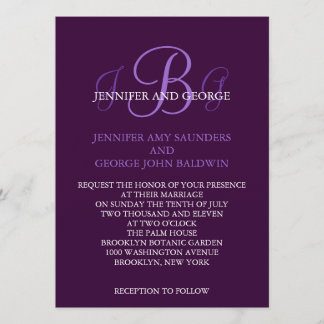 Invitación Tres iniciales que casan color de malva púrpura de
