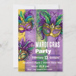 Invitación Tres Máscaras Mardi Gras En Verde De Oro Púrpura