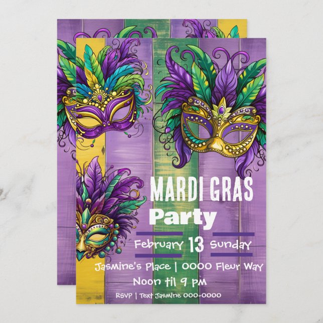 Invitación Tres Máscaras Mardi Gras En Verde De Oro Púrpura (Anverso / Reverso)