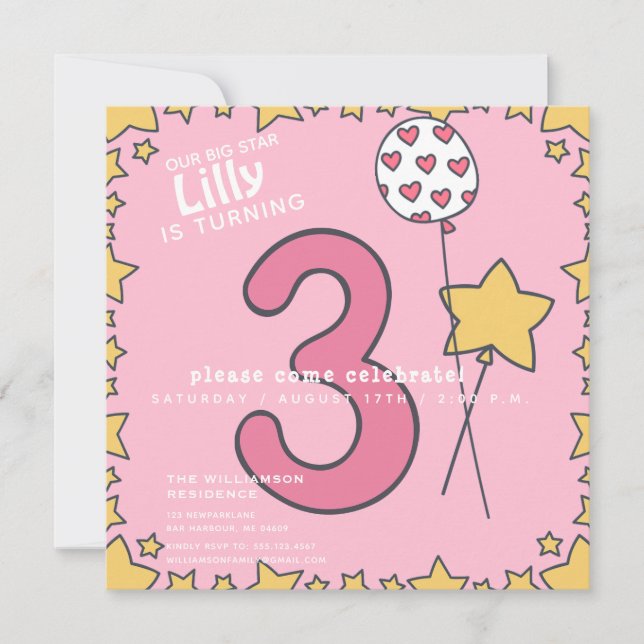 Invitación Tres - Niños pequeños, rosados y amarillos, tercer (Anverso)