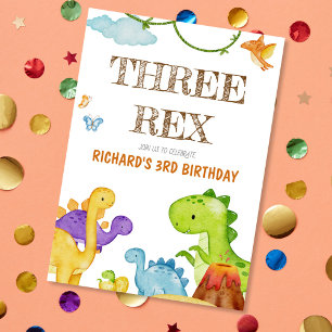 Invitación Tres niños Rex Dinosaurio 3 Fiesta de cumpleaños