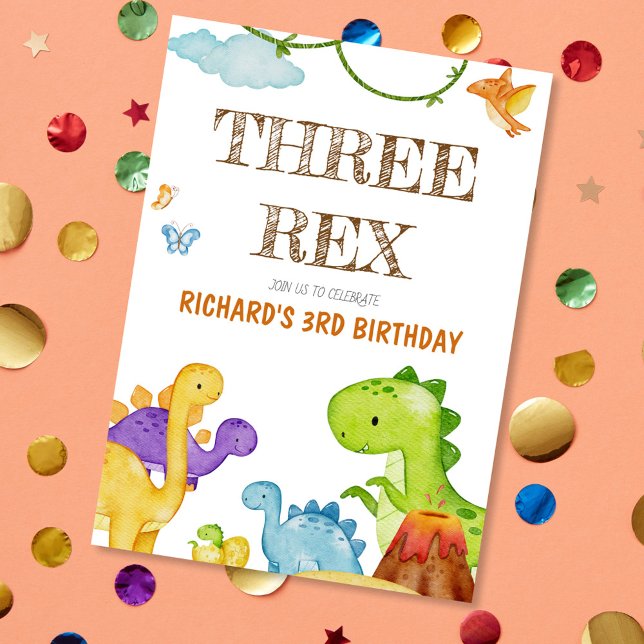 Invitación Tres niños Rex Dinosaurio 3 Fiesta de cumpleaños (Subido por el creador)
