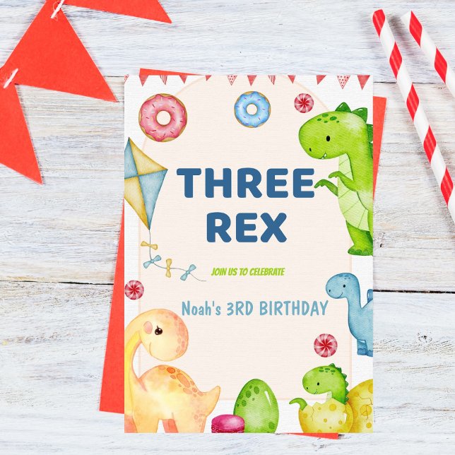 Invitación Tres niños Rex Dinosaurio 3 Fiesta de cumpleaños (Subido por el creador)