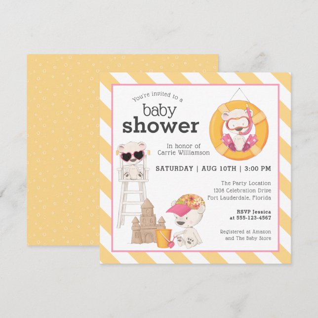 Invitación Tres ositos en el Baby Shower Beach para Chica (Anverso / Reverso)
