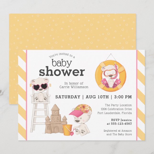 Invitación Tres ositos en el Baby Shower Chica de playa (Anverso / Reverso)