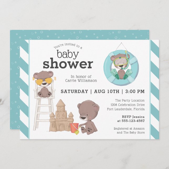 Invitación Tres osos en el Baby Shower Beach Boy (Anverso / Reverso)
