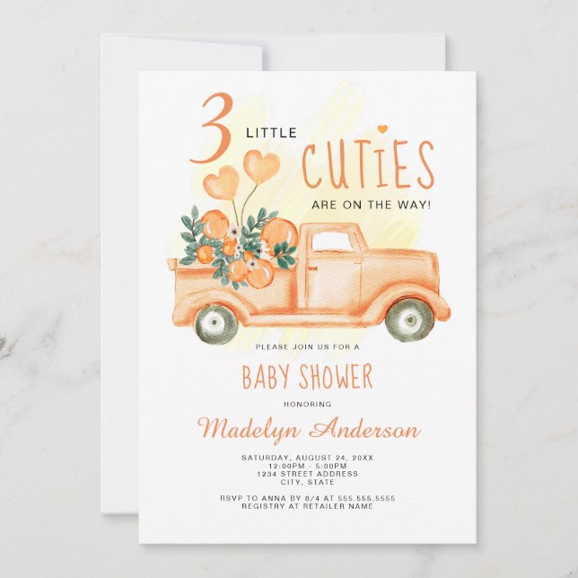 Invitación Tres pequeñas cuties trilliza Baby Shower (Anverso)