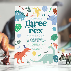 Invitación Tres Rex Blue Boy Dinosaur Boho Tercer Cumpleaños