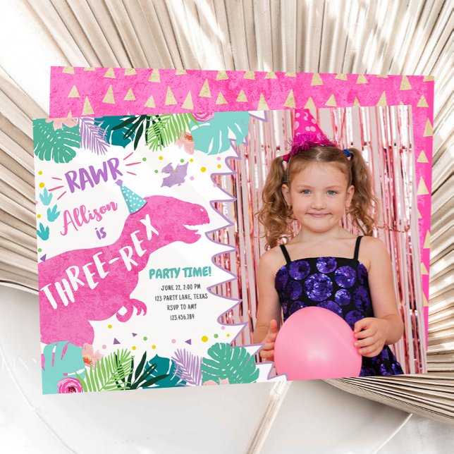Invitación Tres Rex Chica de dinosaurios rosados Tercer cumpl (Subido por el creador)