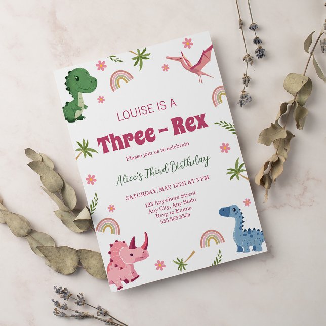 Invitación Tres Rex Chica de Dinosaurios Rosados Tercer Cumpl (Subido por el creador)