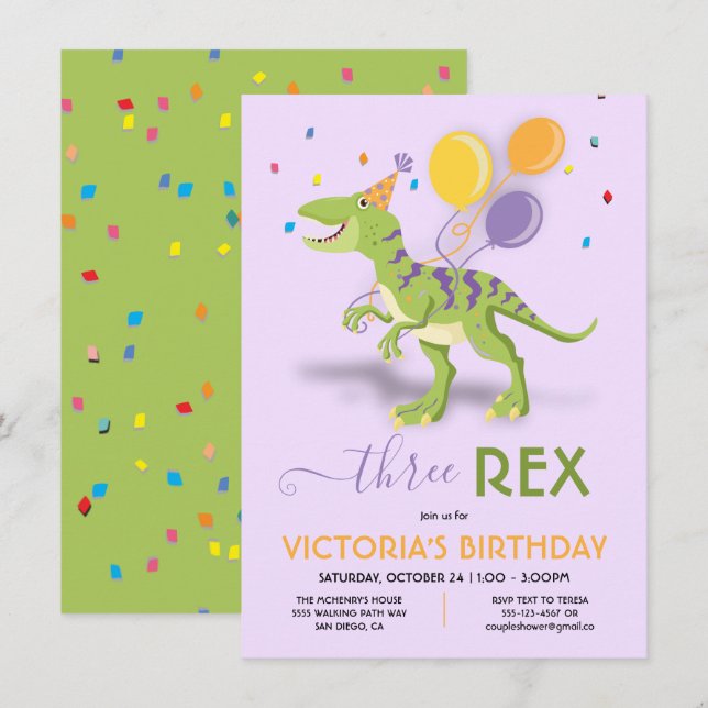 Invitación Tres Rex Dinosaur Birday Party (Anverso / Reverso)