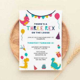 Invitación Tres Rex Dinosaur Birthday Colorful Fiesta Boys