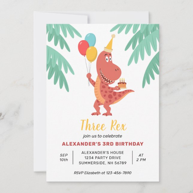 Invitación Tres Rex Dinosaur Cake Balloon 3er Fiesta de cumpl (Anverso)