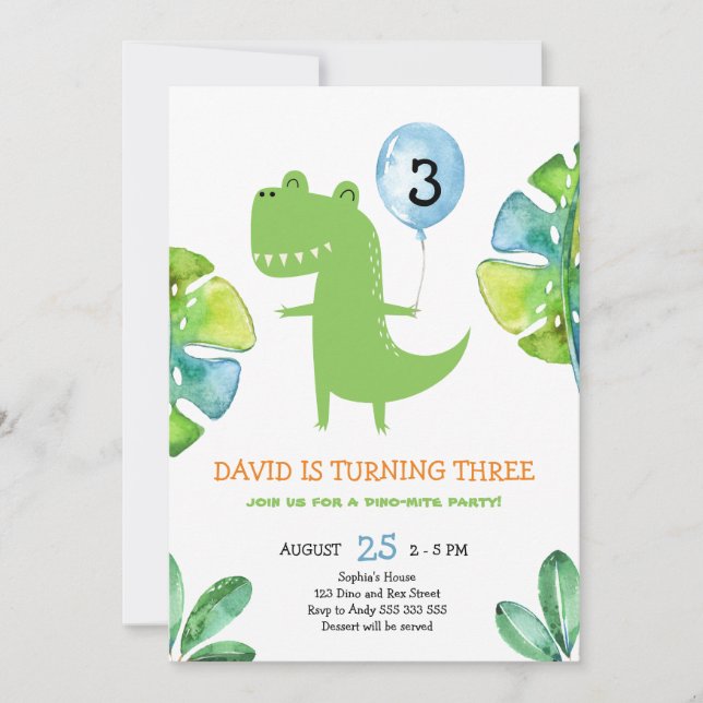 Invitación Tres Rex Dinosaur Fiesta de tercer cumpleaños (Anverso)