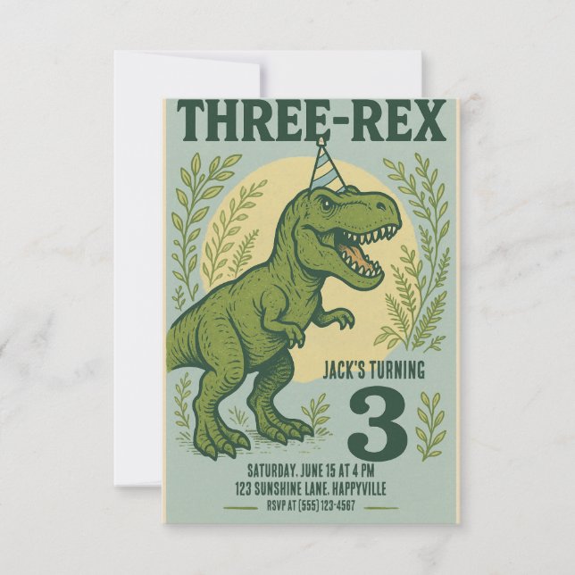 Invitación Tres Rex Dinosaur Greenery Cumpleaños (Anverso)