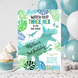 Invitación Tres Rex Dinosaur Greenery Cumpleaños