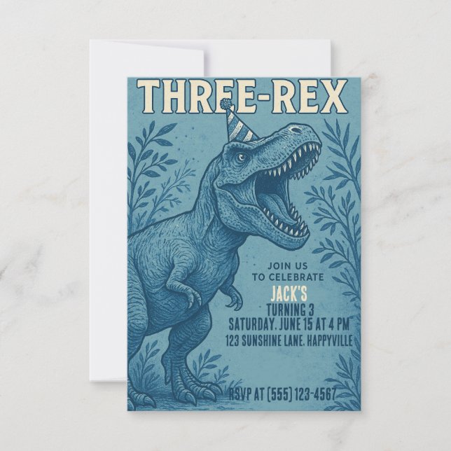 Invitación Tres Rex Dinosaur Jungle Cumpleaños (Anverso)