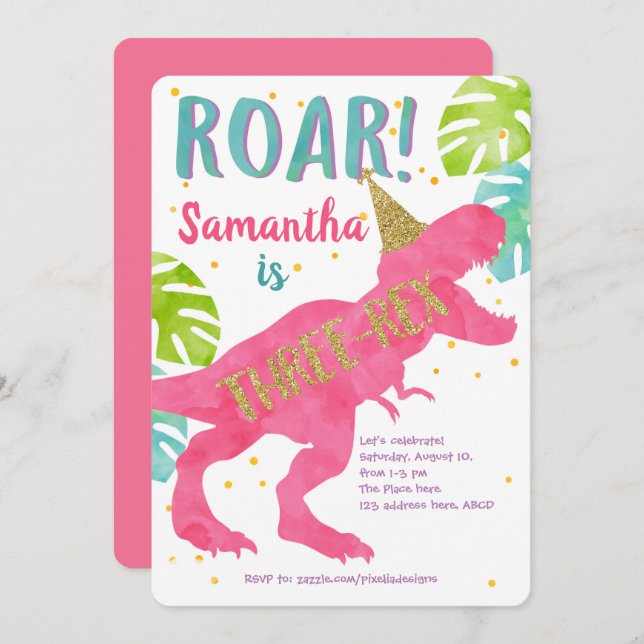 Invitación Tres rex, dinosaurio, Chica, tercer cumpleaños (Anverso / Reverso)