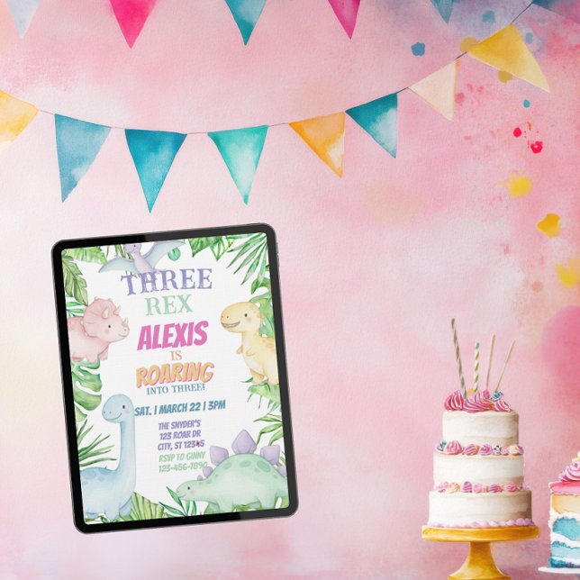 Invitación Tres Rex, Dinosaurio Pastel Cumpleaños 3 (Subido por el creador)