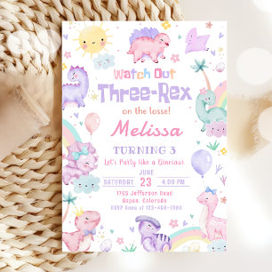 Invitación Tres Rex Dinosaurio Rosa 3er Fiesta de cumpleaños