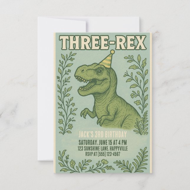 Invitación Tres Rex Dinosaurio Tercer Cumpleaños (Anverso)