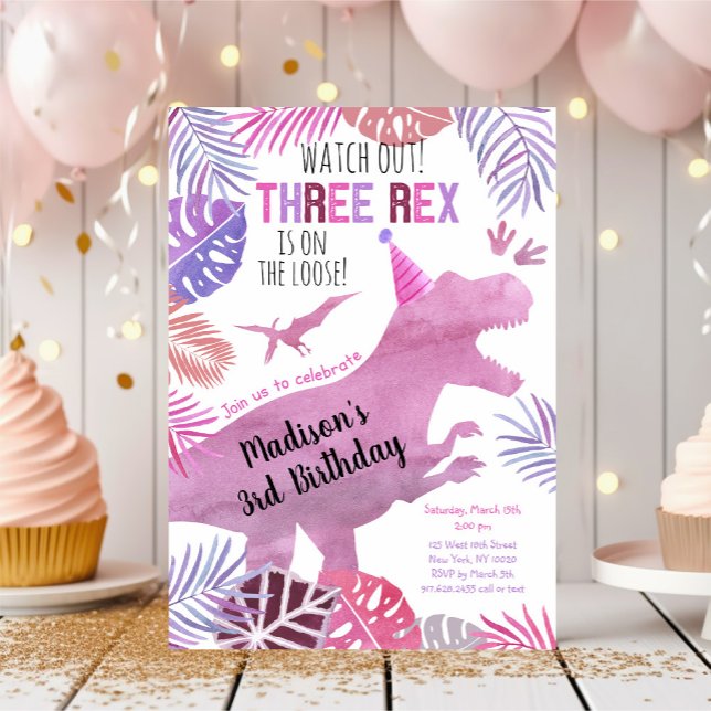 Invitación Tres Rex Pink Purple Chica Dinosaur Cumpleaños (Subido por el creador)
