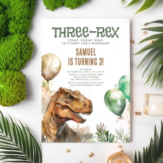 Invitación Tres Rex - Tironasaurus Dinosaur Boy Cumpleaños (Dinosaur Themed 3rd Birthday Invitations - Three-Rex)