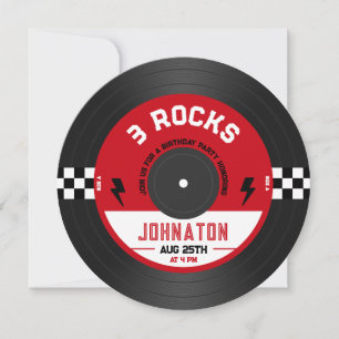 Invitación Tres Rocas Vinil Record Rock n Roll 3 cumpleaños